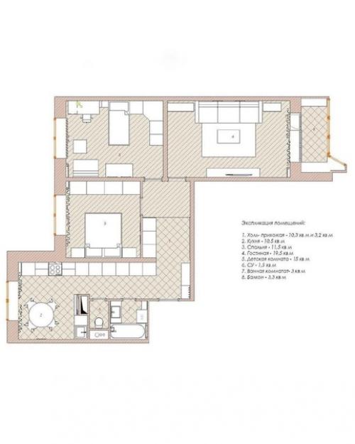 Трёхкомнатная квартира, общей площадью - 74, 5 кв. 08