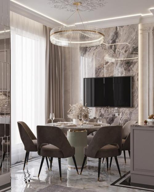 Кухня - гостиная: вид на кухонную и обеденную зону.