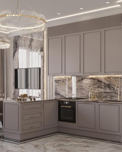 Кухня - гостиная: вид на кухонную и обеденную зону. 01