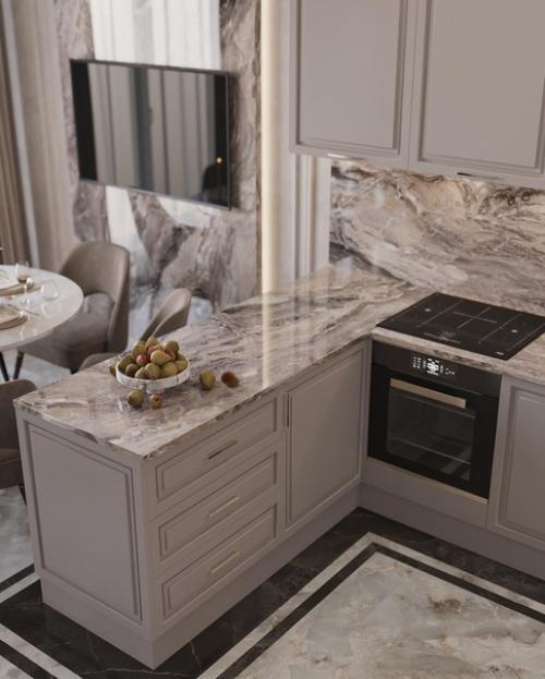 Кухня - гостиная: вид на кухонную и обеденную зону. 02