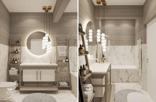 Интерьер санузла.  Наглядный пример, как в облицовке эффектно соединить светлое дерево и керамогранит.