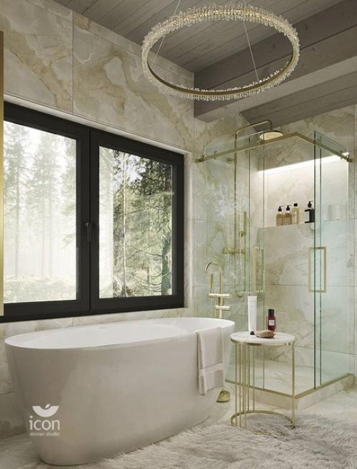 Интерьер санузла.  Наглядный пример, как в облицовке эффектно соединить светлое дерево и керамогранит. 01