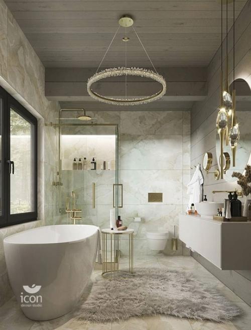 Интерьер санузла.  Наглядный пример, как в облицовке эффектно соединить светлое дерево и керамогранит. 03