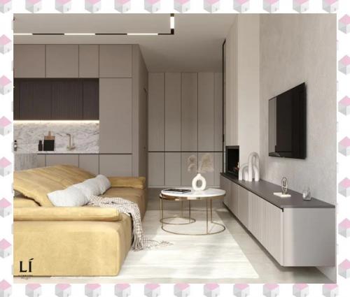 Эффектная кухня - гостиная в монохромной светлой палитре. 02