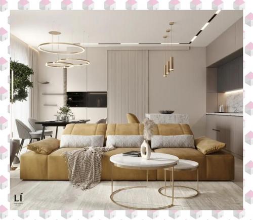 Эффектная кухня - гостиная в монохромной светлой палитре. 03