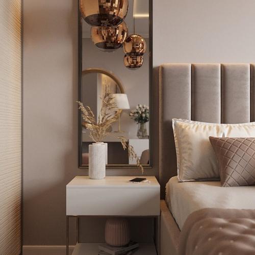 Зеркала по бокам от изголовья зрительной увеличивают комнату, при этом, являются элементами декора. 01