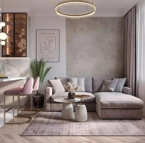 Кухня - гостиная в пудровых оттенках. 01