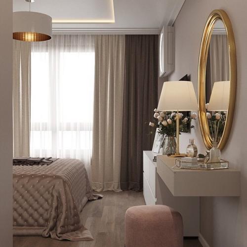 Зеркала по бокам от изголовья зрительной увеличивают комнату, при этом, являются элементами декора. 04