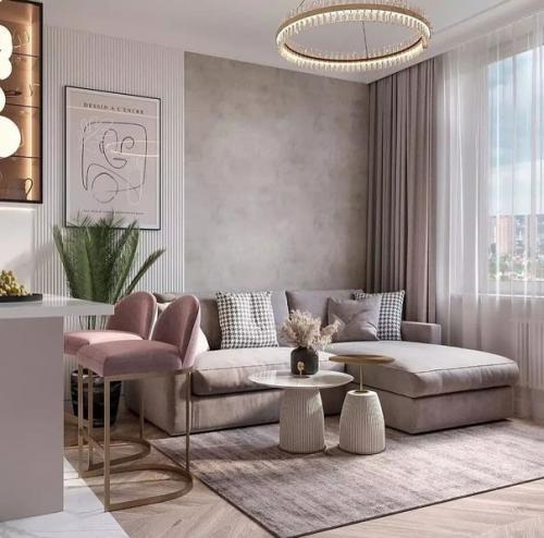 Кухня - гостиная в пудровых оттенках. 05