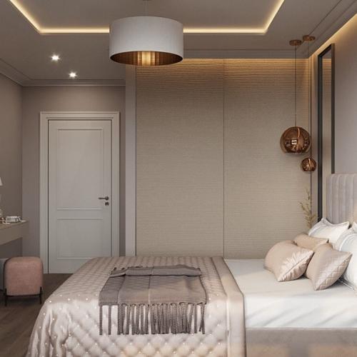 Зеркала по бокам от изголовья зрительной увеличивают комнату, при этом, являются элементами декора. 02