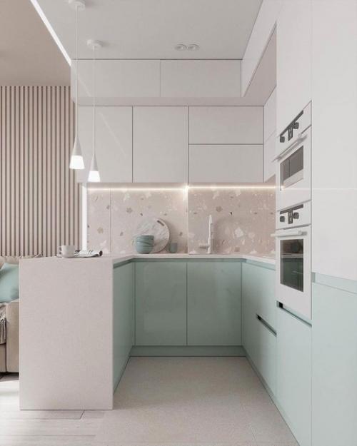 Кухня - гостиная в светлых тонах.