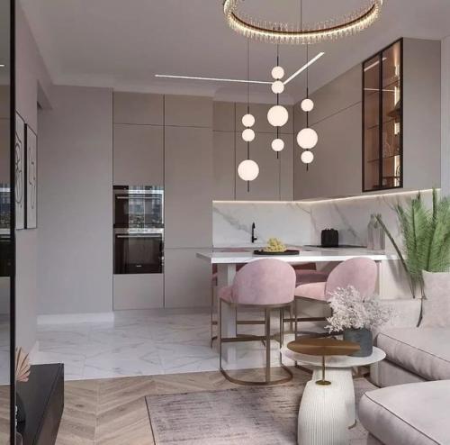 Кухня - гостиная в пудровых оттенках. 03