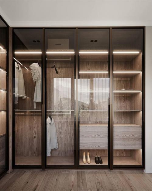 Спальня с интересным стеклянным шкафом. 01